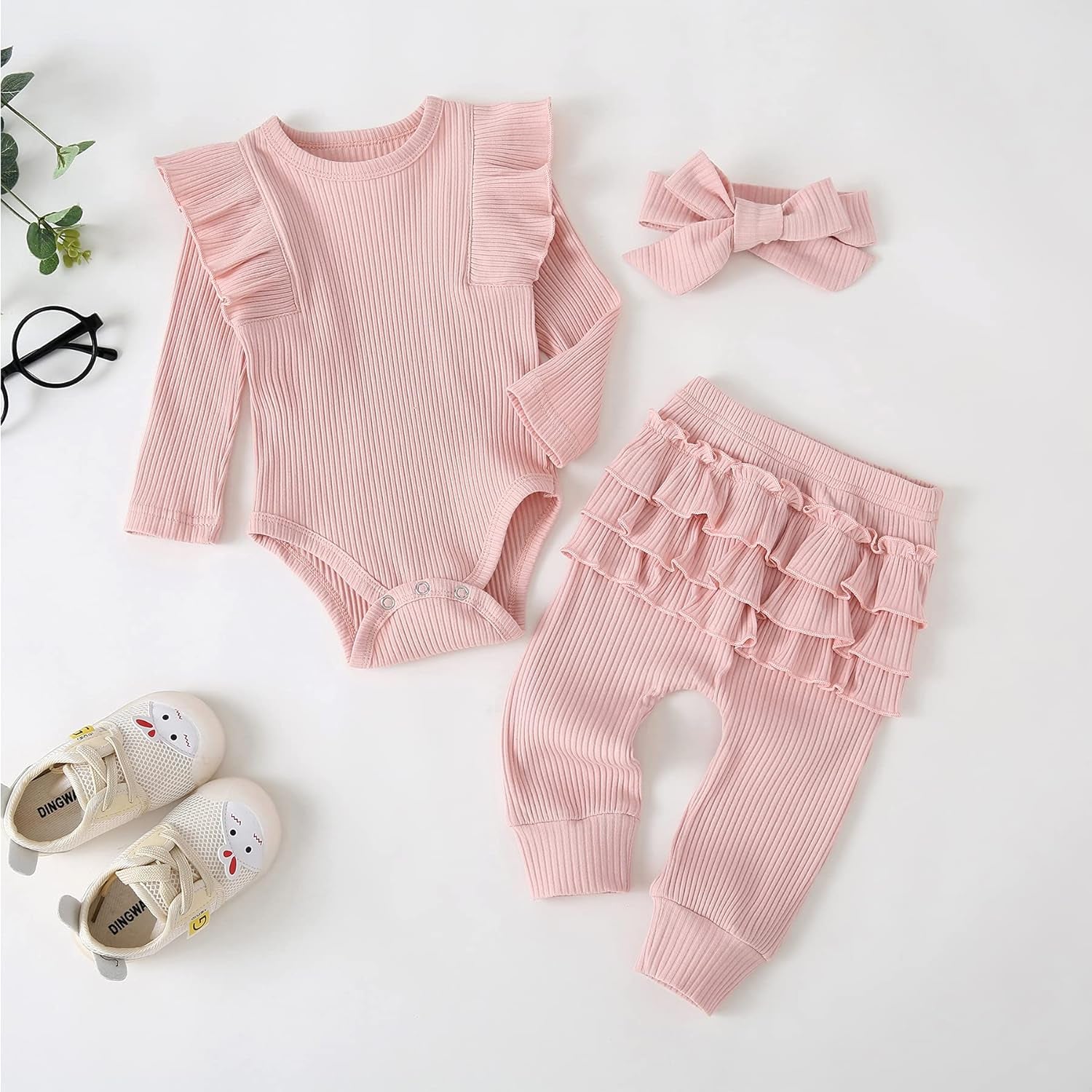 Baby Girl'S 3Pc Rib Frill Long Sleeve Romper and Pant Set